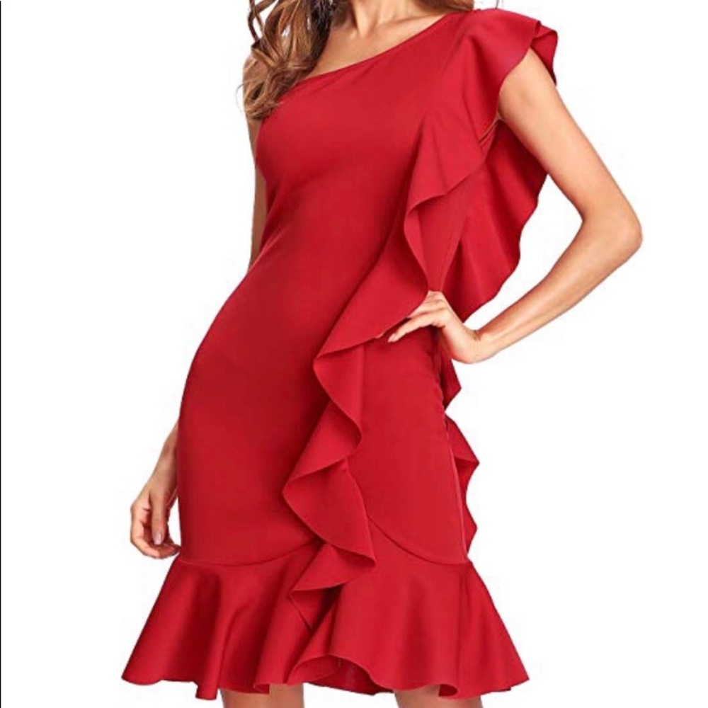 Women’s one shoulder ruffle cocktail dress - Red